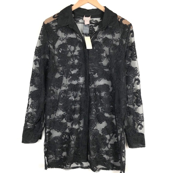 Chico's Travelers Tops - NWT CHICO'S Travelers Lace Detail Sheer Shacket Sz 1 M Black Button Shirt Jacket